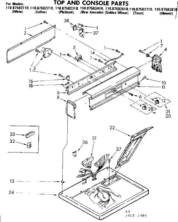 Kenmore 11087582310 top and console parts diagram