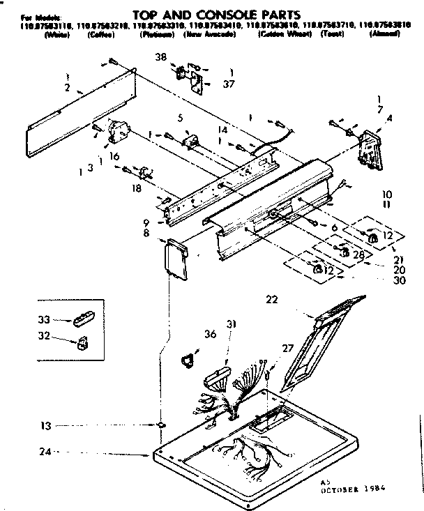 Kenmore 11087583210 top and console parts diagram