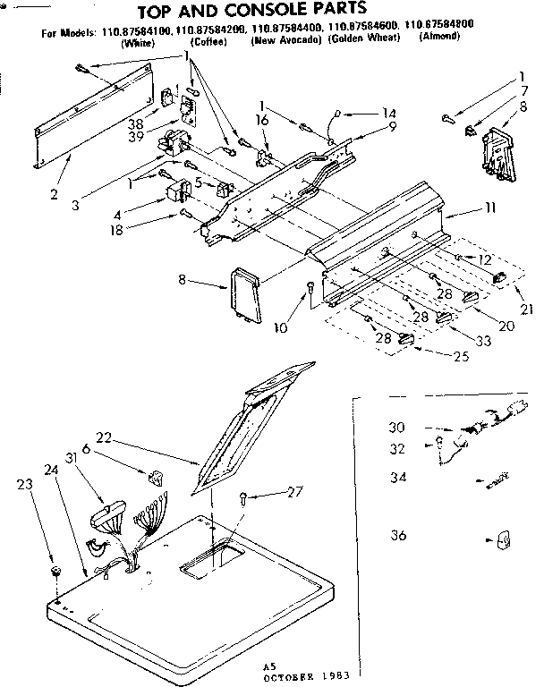 Sears 11087584400 top and console parts diagram