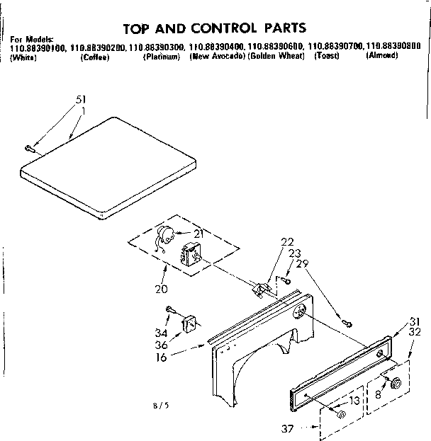 Kenmore 11088390600 top and console parts diagram