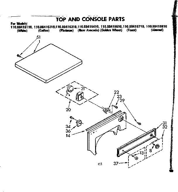 Kenmore 11088416210 top and console parts diagram