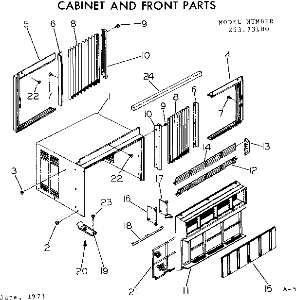 Kenmore 25373180 cabinet and front parts diagram