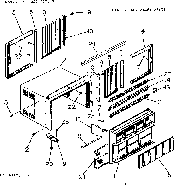 Kenmore 2537770890 cabinet and front parts diagram