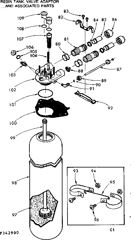 Kenmore 625342900 resin tank, valve adaptor and associated parts diagram