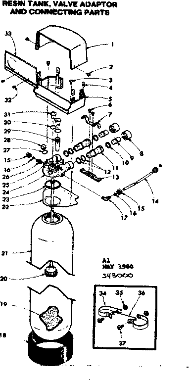 Kenmore 625343000 resin tank, valve adaptor and connecting parts diagram