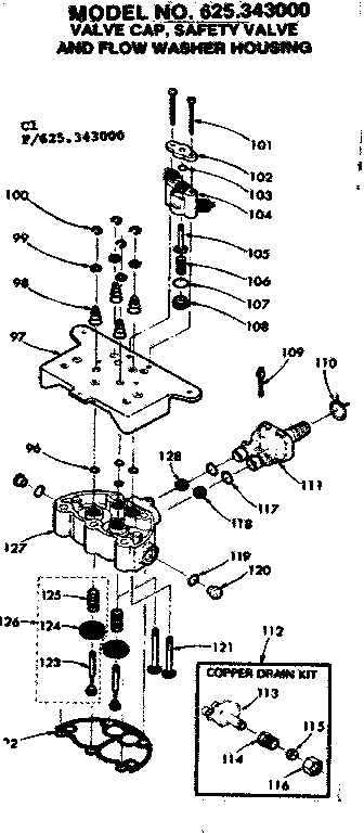 Kenmore 625343000 vlave cap, safety valve and flow washer housing diagram
