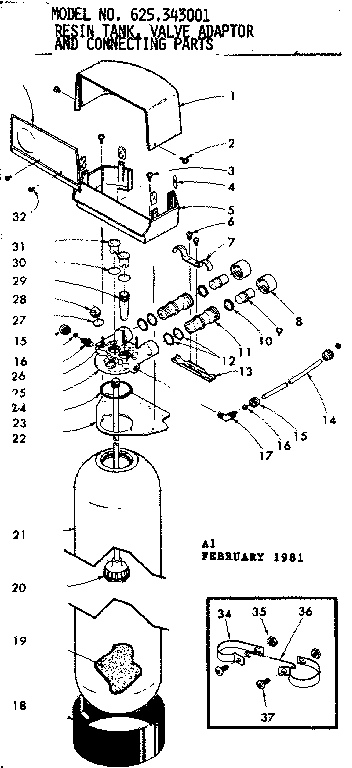 Kenmore 625343001 resin tank valve adaptor and connecting parts diagram