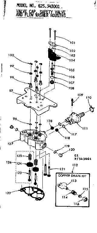 Kenmore 625343001 valve cap safety valve and flow washer housing diagram