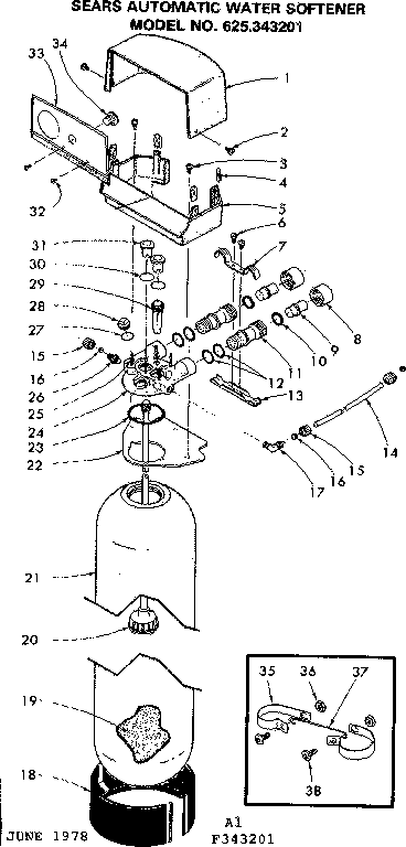 Kenmore 625343201 resin tank, valve adaptor and associated parts diagram