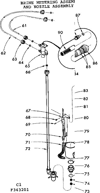Kenmore 625343201 brine metering assembly and nozzle assembly diagram