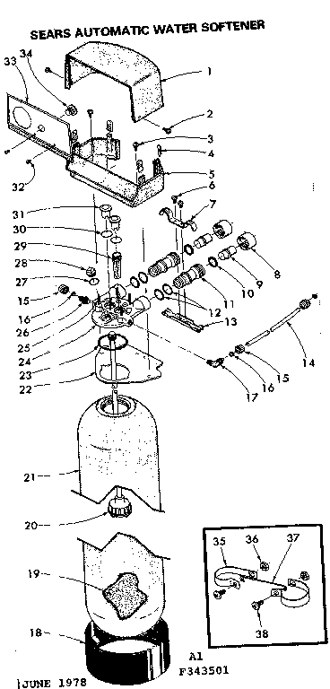 Kenmore 625343501 resin tank, valve adaptor and associated parts diagram