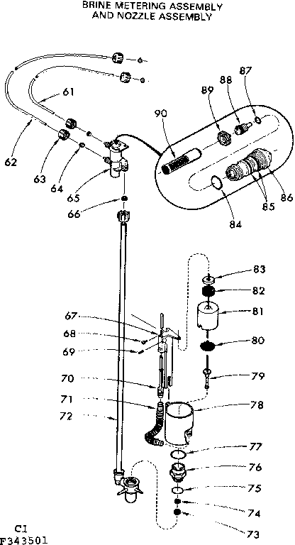 Kenmore 625343501 brine metering assembly and nozzle assembly diagram