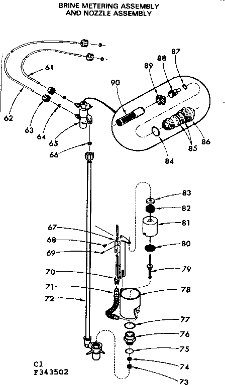 Kenmore 625343502 brine metering assembly and nozzle assembly diagram