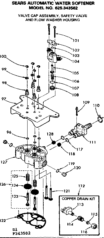 Kenmore 625343502 valve cap assm safty valve & flow washer housing diagram