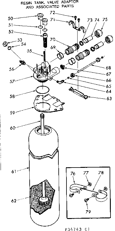 Kenmore 62534743 resin tank, valve adaptor & associated parts diagram