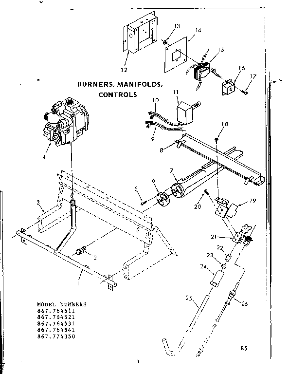 Kenmore 867764511 burner, manifolds, controls diagram