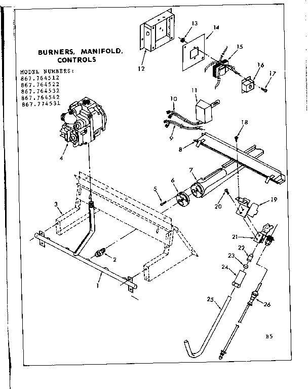Kenmore 867764512 burners, manifolds, controls diagram