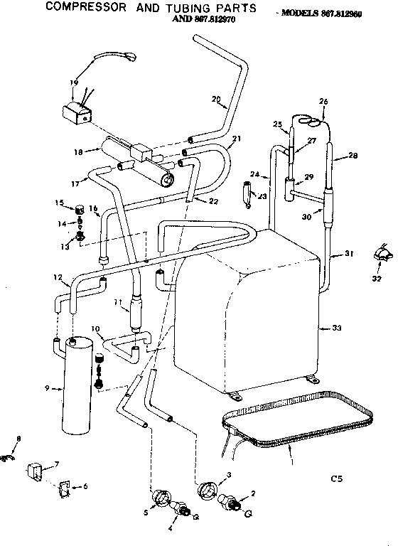 Kenmore 867812960 compressor and tubing parts diagram
