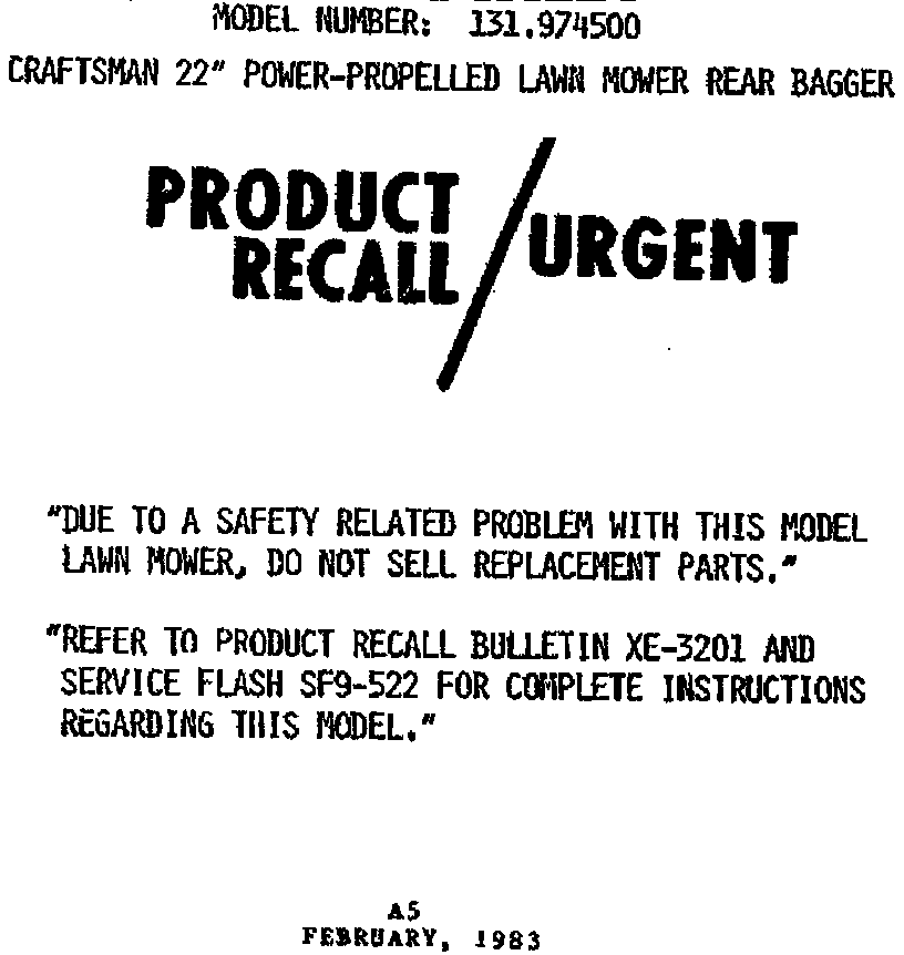 Craftsman 131974500 product recall diagram