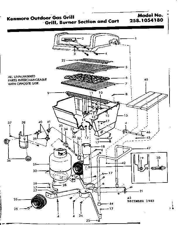 Kenmore 2581054180 grill burner section and cart diagram