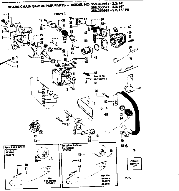 Craftsman 358353661 14 inch 2.3/16 inch 2.3/16 inch ps gasoline chain saws diagram