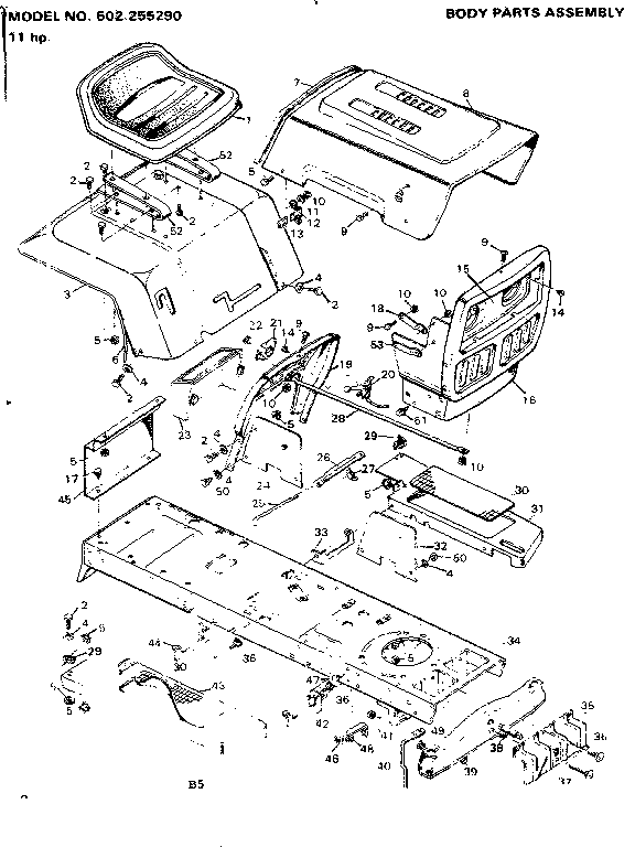 Craftsman 502255290 body parts assembly 11 hp. diagram