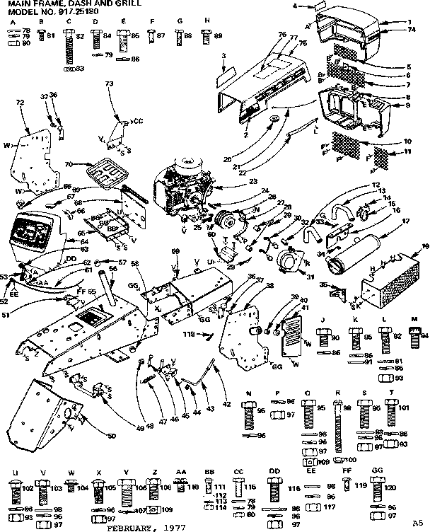 Craftsman 91725180 6 twin garden tractor/main frame, dash and grill diagram