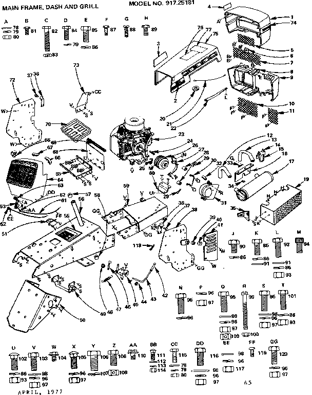 Craftsman 91725181 6 twin garden tractor/main frame, dash and grill diagram