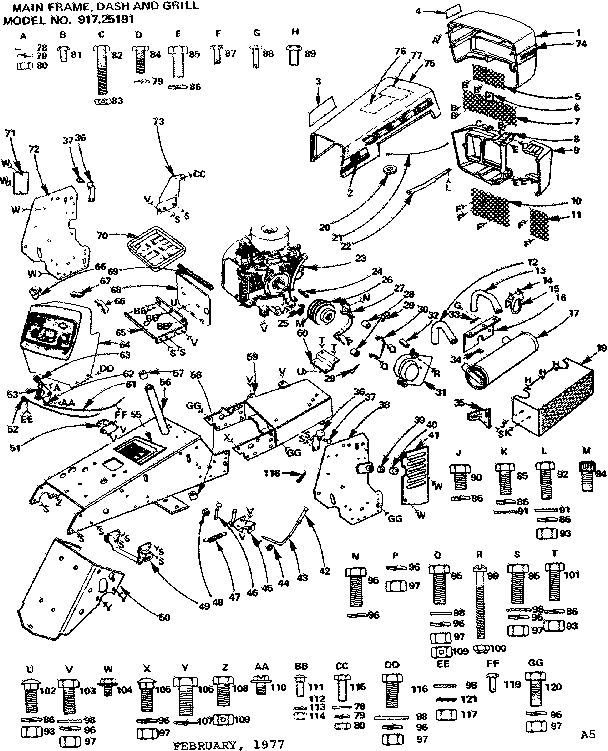 Craftsman 91725191 6 twin garden tractor/main frame, dash and grill diagram