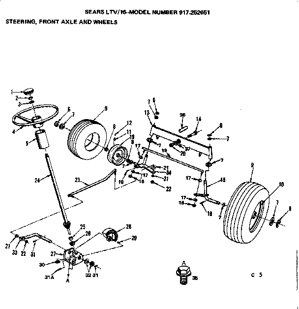 Craftsman 917252651 16 lawn tractor/steering front axle and wheels diagram