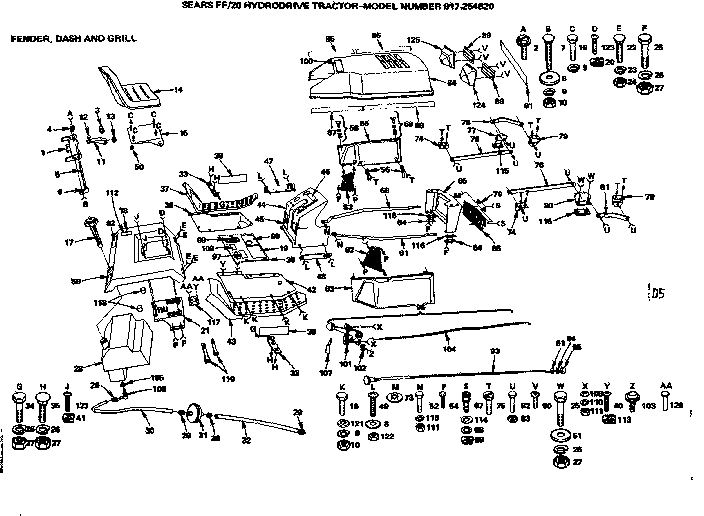 Craftsman 917254820 20 hydrodrive tractor/fender, dash and grill diagram