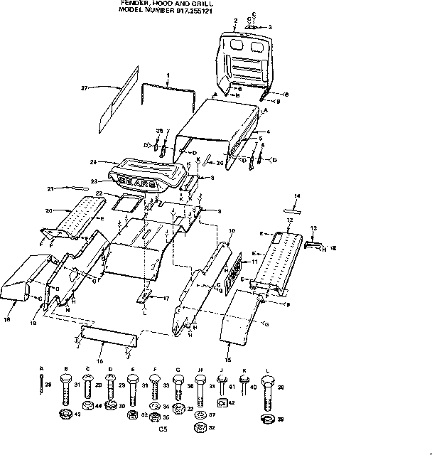 Craftsman 917255121 36 lawn tractor/fender, hood and grill diagram