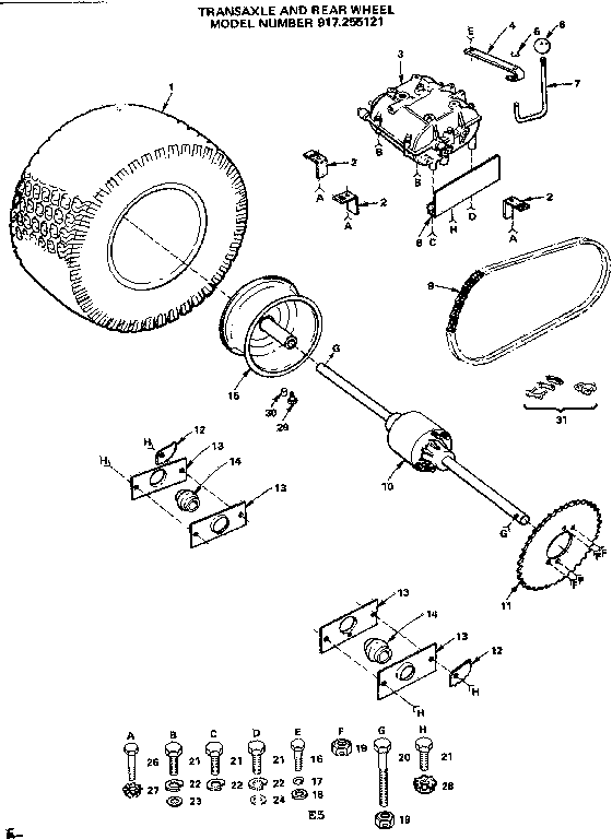Craftsman 917255121 36 lawn tractor/transaxle and rear wheel diagram
