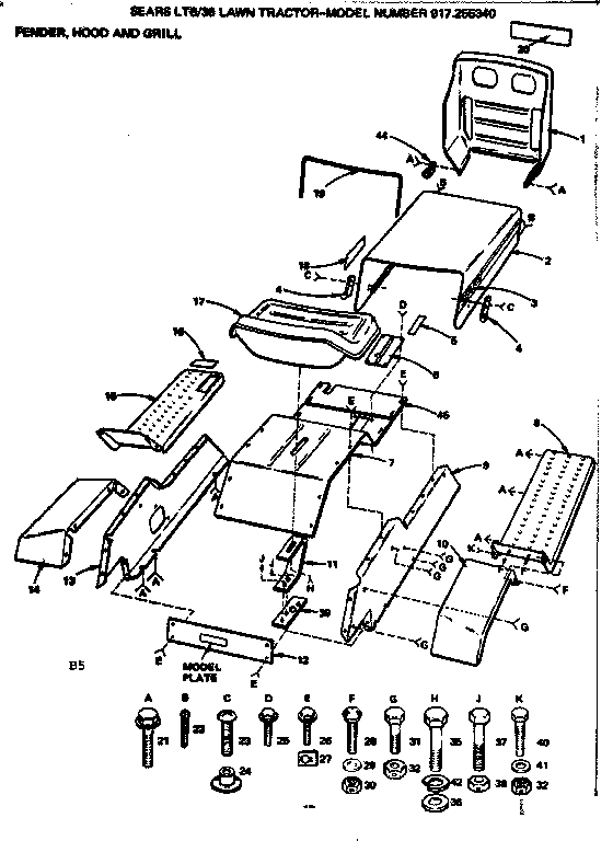 Craftsman 917255340 36 lawn tractor/fender, hood and grill diagram