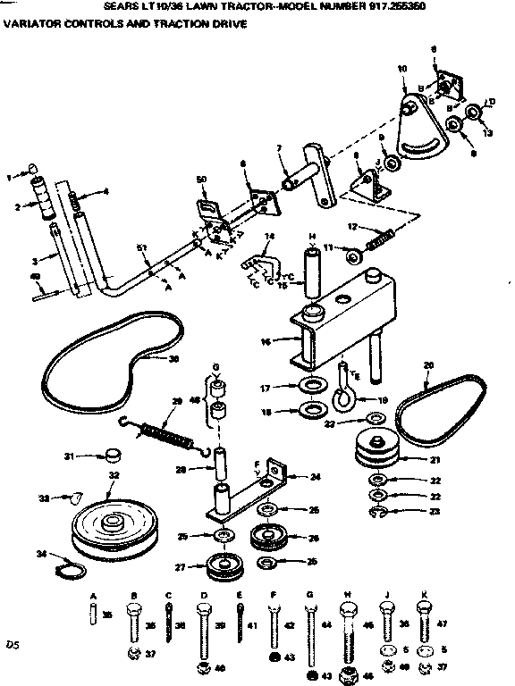 Craftsman 917255350 36 lawn tractor/variator controls and traction drive diagram