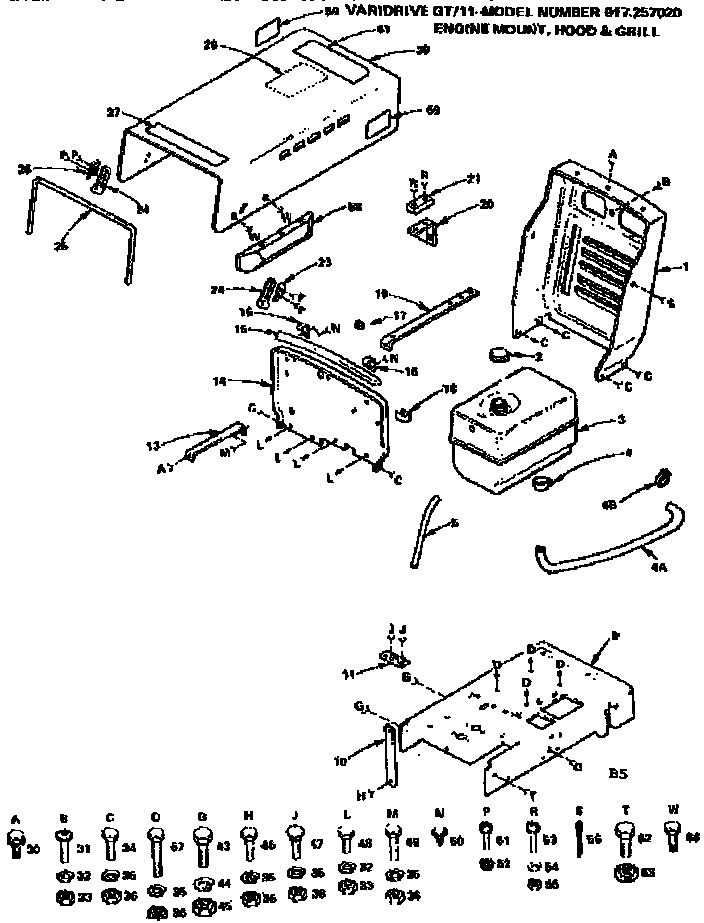 Craftsman 917257020 11 garden tractor/engine mount, hood and grill diagram