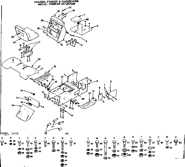 Craftsman 917257030 14 garden tractor/chassis, fender & dashboard diagram