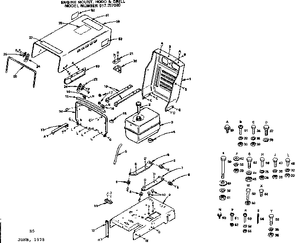 Craftsman 917257030 14 garden tractor/engine mount, hood & grill diagram