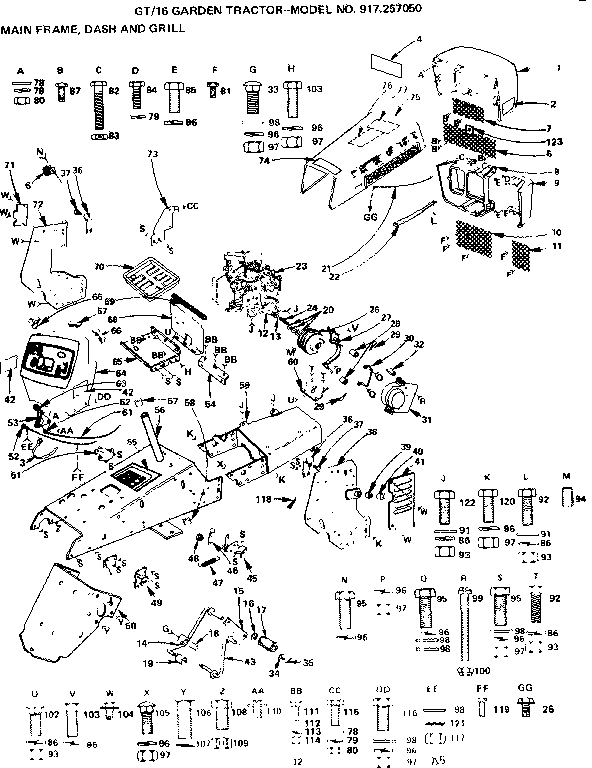 Craftsman 917257050 16 garden tractor/main frame dash and grill diagram