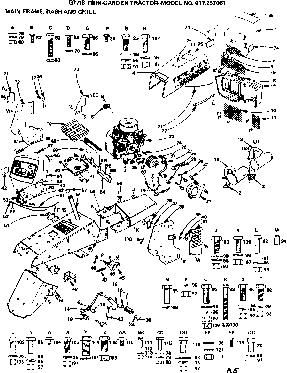 Craftsman 917257061 18 twin-garden tractor/main frame, dash and grill diagram