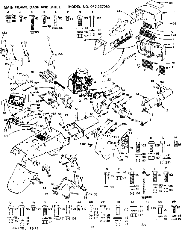 Craftsman 917257080 19.9 twin garden tractor/main frame, dash and grill diagram