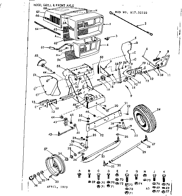 Craftsman 91725722 10 garden tractor/hood, grill and front axle diagram