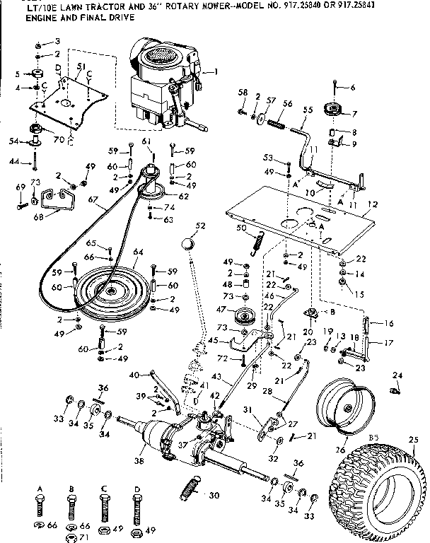 Craftsman 91725840 10e lawn tractor and 36 in rotary mower/engine & final drive diagram