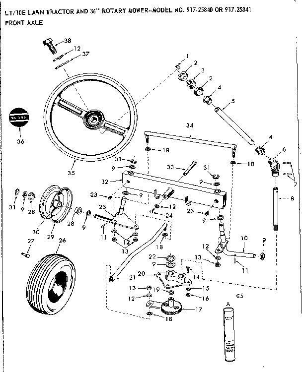 Craftsman 91725840 10e lawn tractor and 36 in rotary mower/front axle diagram