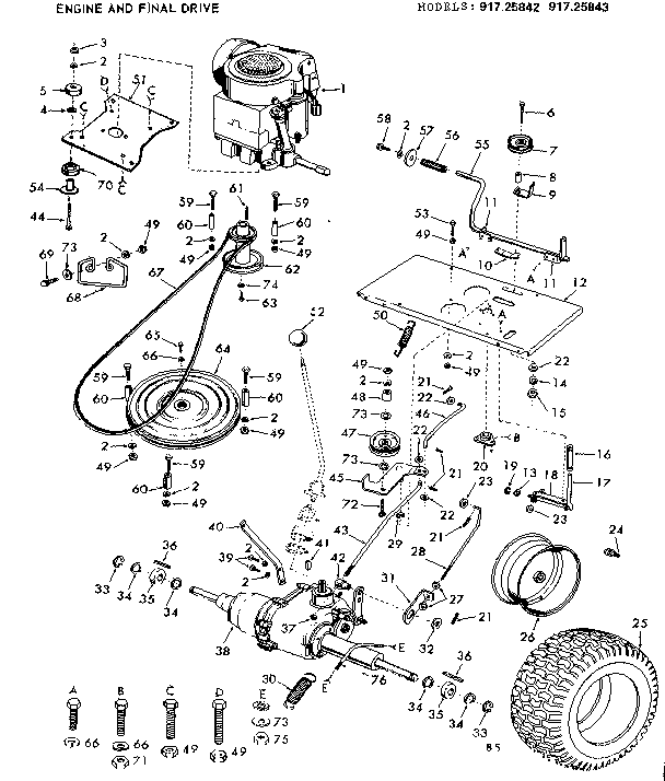 Craftsman 91725843 10e lawn tractor & rotary mower/engine and final drive diagram