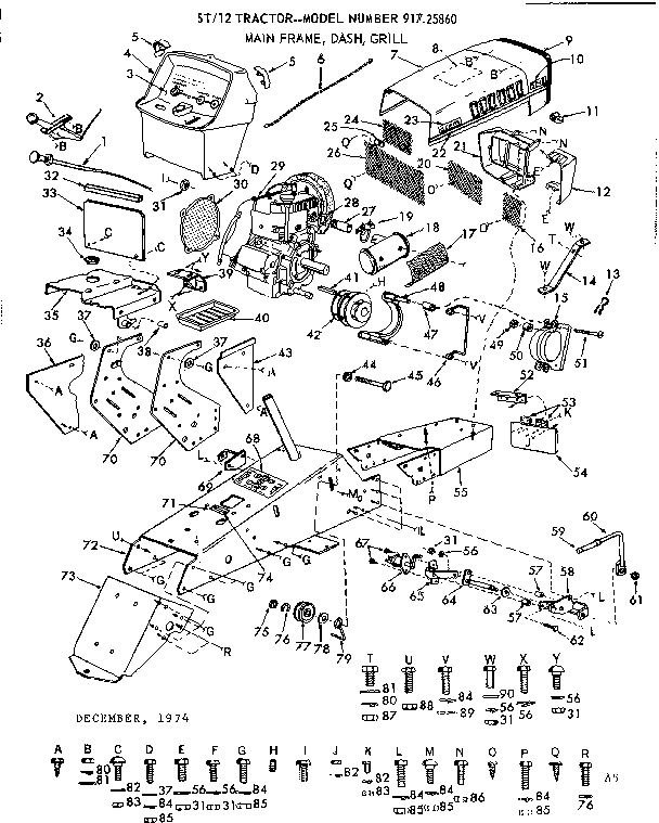 Craftsman 91725860 12 garden tractor/main frame, dash, grill diagram