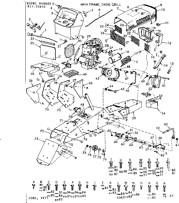 Craftsman 91725862 12 garden tractor/main frame, dash, grill diagram