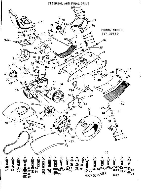Craftsman 91725880 16 garden tractor/steering, and final drive diagram