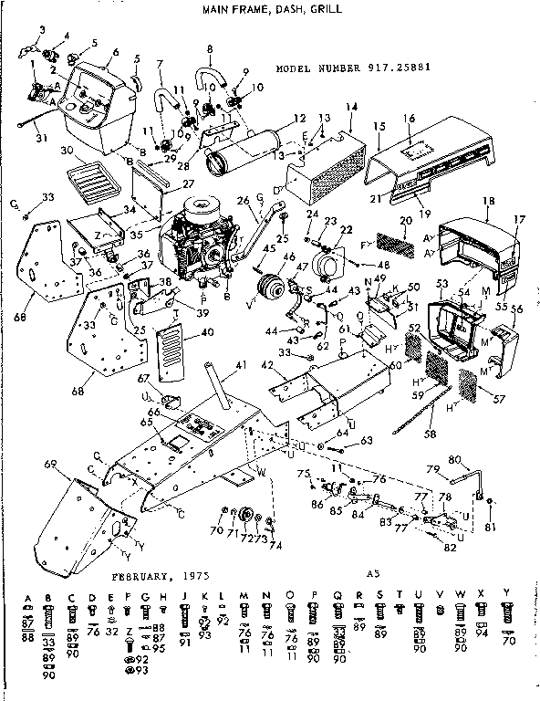 Craftsman 91725881 16 garden tractor/main frame, dash, grill diagram