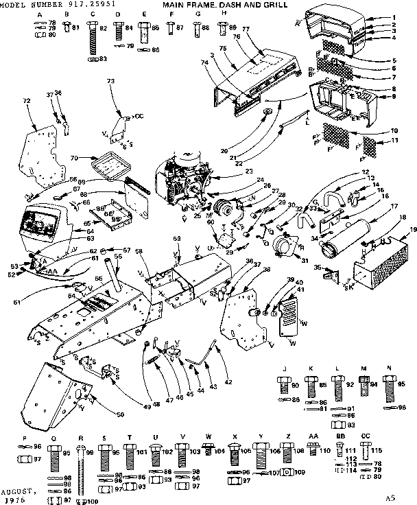 Craftsman 91725951 16 twin garden tractor/main frame, dash and grill diagram